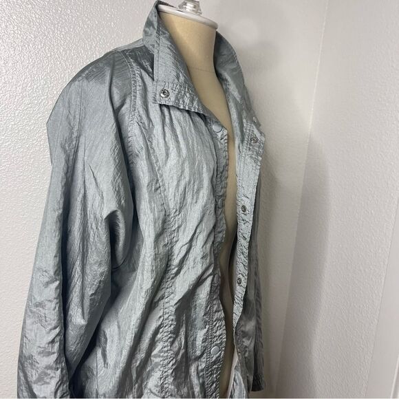 Vintage 80s Lightweight Jacket Shimmer Silver Tudor Court Mid Length Size Medium - Picture 2 of 11
